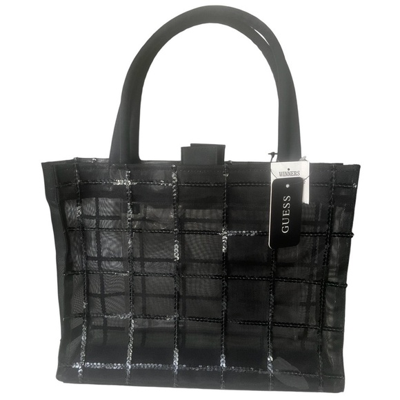 Vintage Y2K 90’S GUESS Mesh Sequin Black Tote bag medium purse - Picture 1 of 16